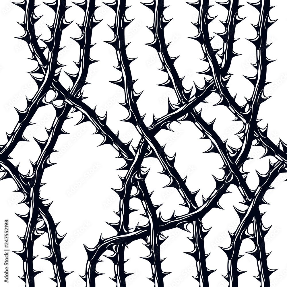 Vettoriale Stock Horror style horrible seamless pattern, vector background.  Blackthorn branches with thorns stylish endless illustration. Hard Rock and  Heavy metal subculture music textile fashion stylish design. | Adobe Stock