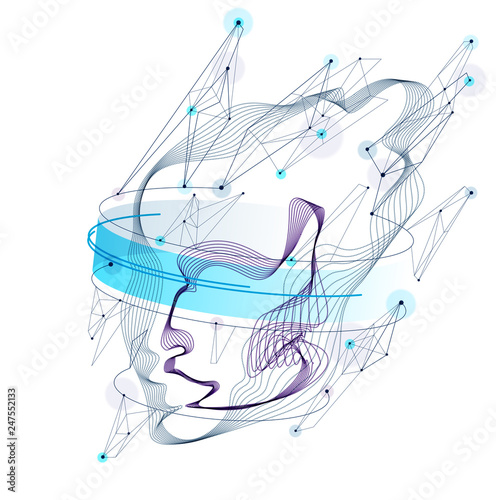 Abstract artistic human head portrait made of dotted particles array, vector illustration of Artificial Intelligence, software digital visual interface.