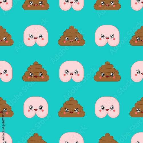 Shit and ass kawaii Cute cartoon pattern seamless. Funny poop background. Sweet turd vector texture