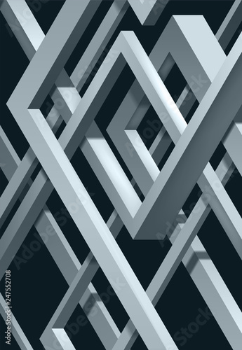 3D Twisted Composition of abstract plexus forms. Labyrinth shapes. Vector unreal construction on dark background