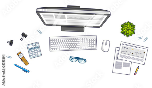 Work desk workspace top view with PC computer and a lot of different stationery objects on table isolated, look above. All elements are easy to use separately or recompose the illustration. Vector.