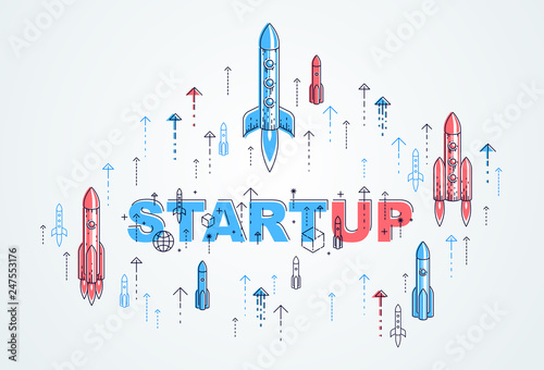 Startup rockets take off, space rockets flying start up business concept, vector illustration.