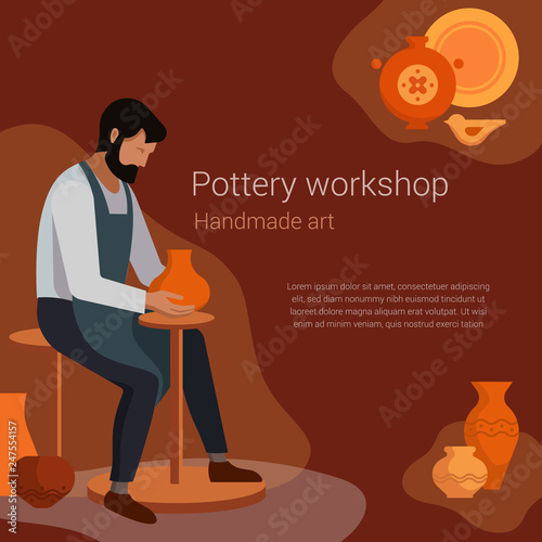 Potter sculpts the product on the machine. Vector illustration with place for text. Poster for clay modeling masterclass.