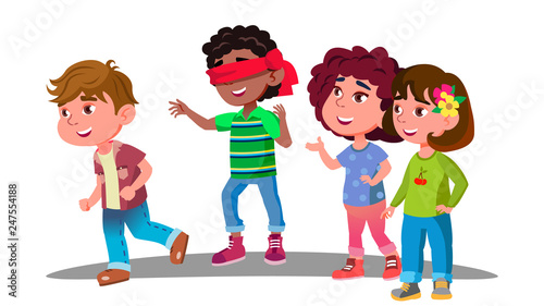 Blindfolded Little Boy Trying To Catch Other Children During Play Vector. Isolated Illustration
