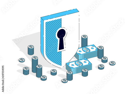 Protection of finance concept, Guard metal Shield with cash money dollar stack and coins isolated on white background. Vector 3d isometric business and finance illustration.