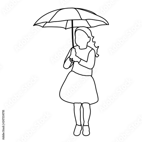 sketch, simple lines of a child with an umbrella