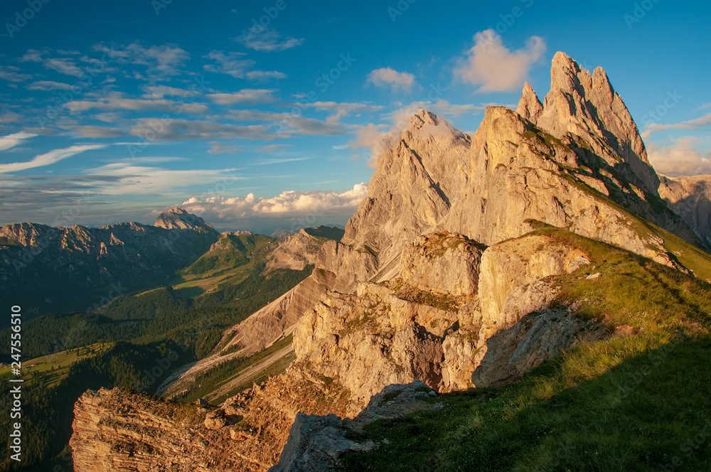 Magnificent view of Puez Odle - Geisler group at sunset. Dolomite Alps, Italy