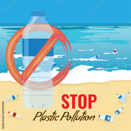 Plastic bottle mockup with no sign. Pollution of ocean, sea or beach concept. Vector Illustration.