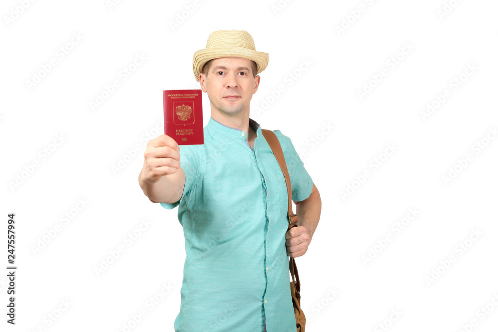 The man with the international passport, a summer shirt, a hat The man with the international passport, a summer shirt, a hat
