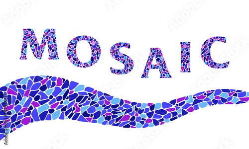 Elegance horizontal colorful poster with inscription of the word "Mosaic" with mosaic wavy pattern on white background - vector illustration.