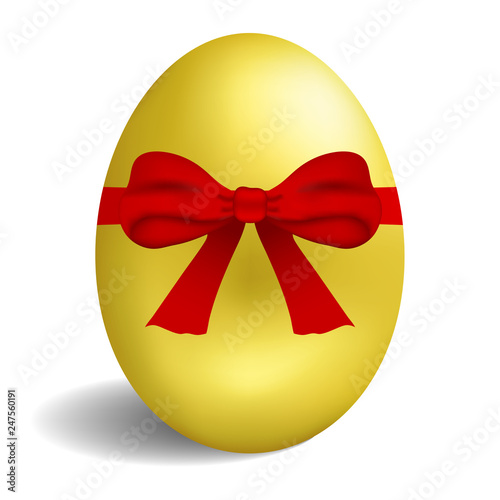 Realistic golden egg with red bow isolated on white background. Easter egg for greeting card. Vector illustration.