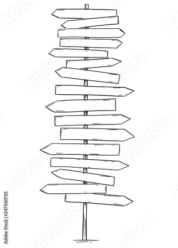 Artistic drawing of old empty or blank wooden sixteen directions road arrow sign. Ready for your text.