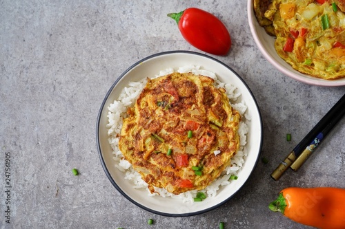 Egg Foo Young served with Jasmine rice photo