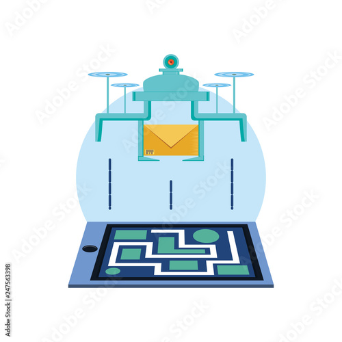 drone flying with envelope and paper map