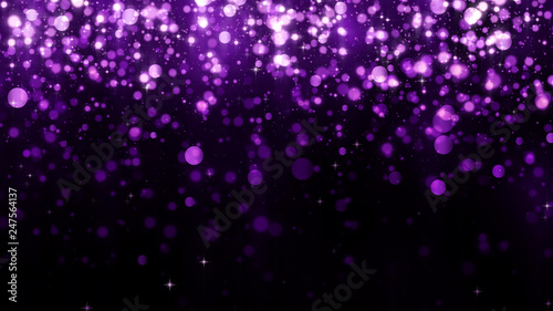 Luxury background with glitter falling purple particles. Beautiful holiday light background template for premium design. Falling shiny magic particle with light