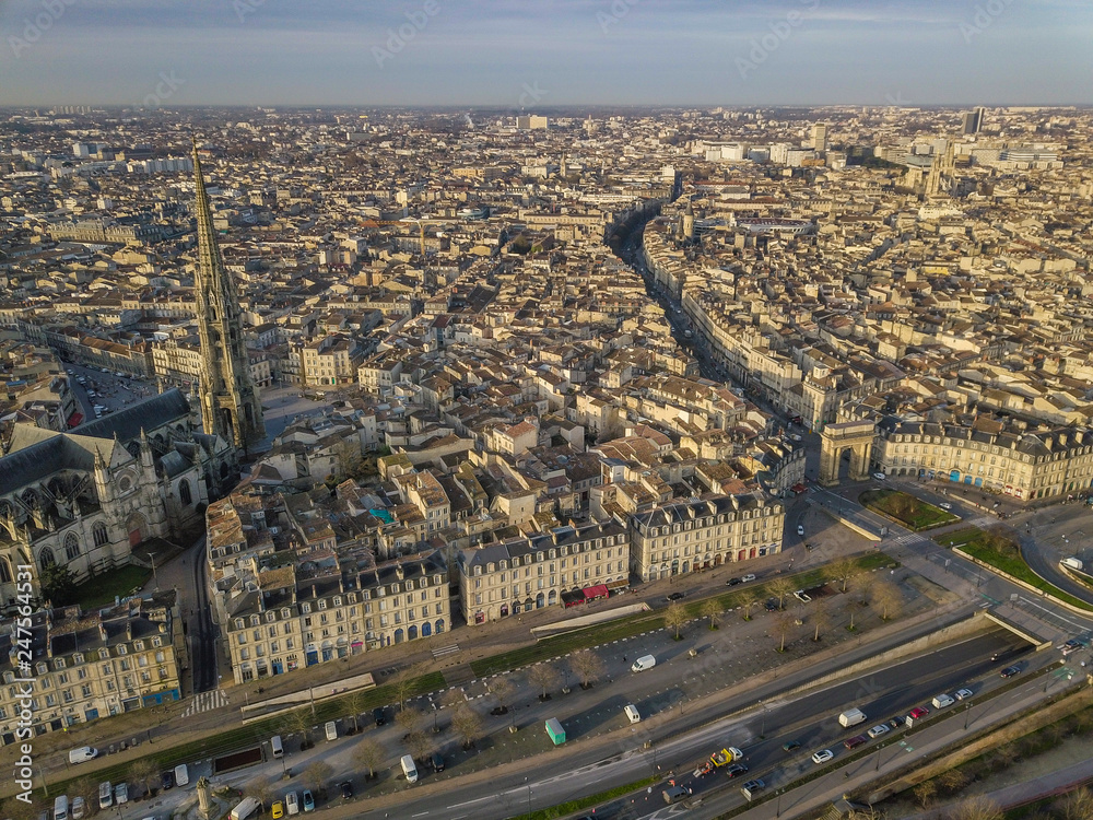 Aerial view of Bordeaux, Saint Michel Church and Garonne river, filmed by drone