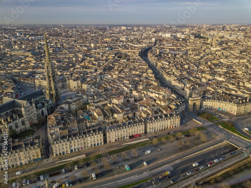 Aerial view of Bordeaux, Saint Michel Church and Garonne river, filmed by drone