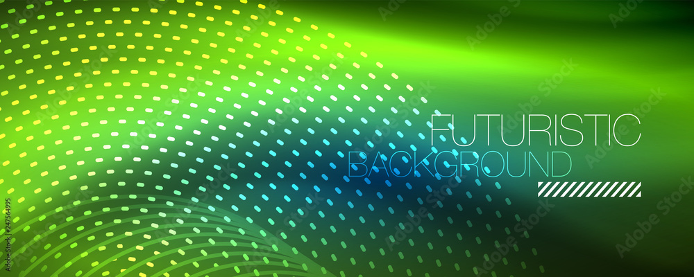 Glowing light particles in dark neon space, magic glow shiny abstract background
