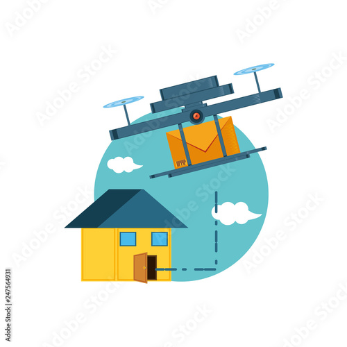 drone flying with envelope and house