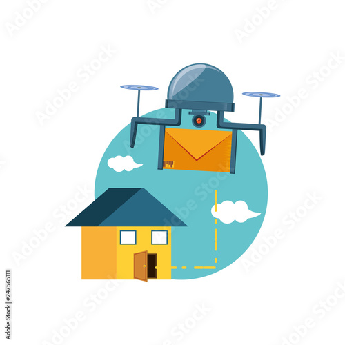 drone flying with envelope and house