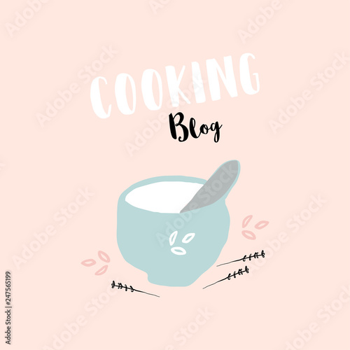 Hand drawn cartoon illustration of kitchen mortar and herbs decorations