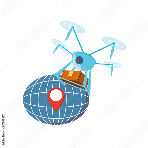 drone technology with box carton and sphere planet