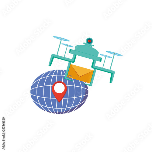 drone flying with envelope and sphere planet