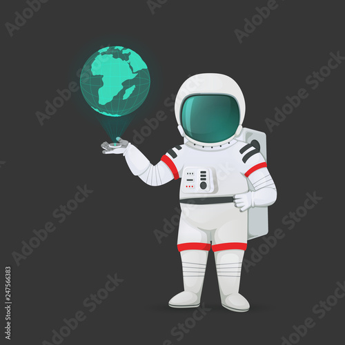 Astronaut with hologram device projecting planet Earth. Isolated on a dark background. Cartoon character. Vector illustration.