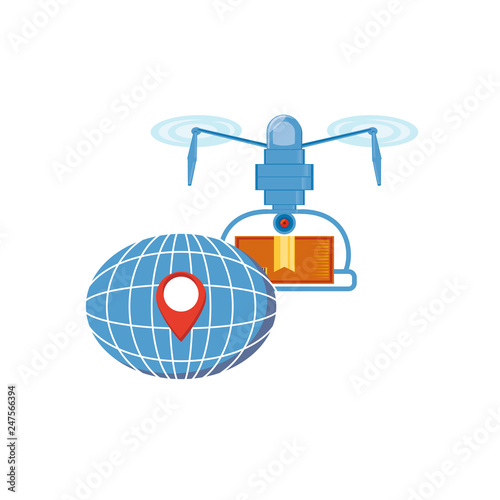 drone technology with box carton and sphere planet