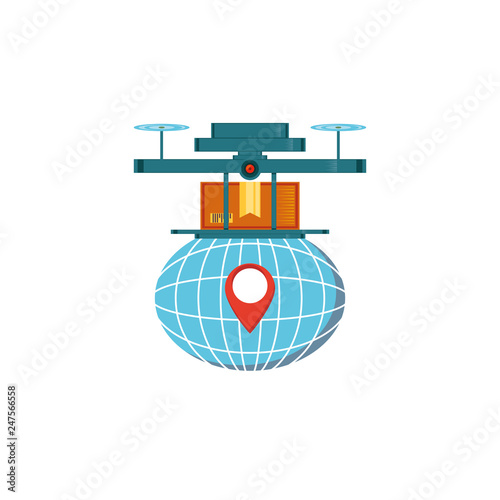 drone technology with box carton and sphere planet