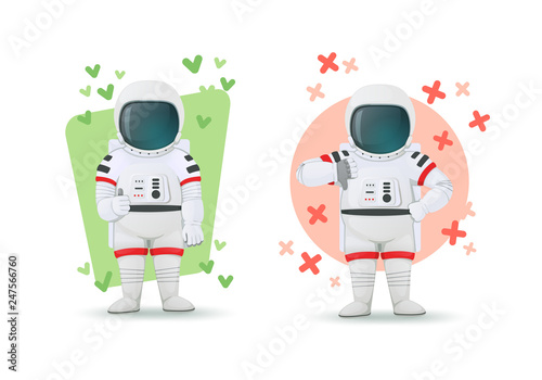 Set of astronauts making gestures of approval and disapproval. One showing thumbs up and other thumbs down sign. Like and dislike poses. Isolated on a white background. Cartoon characters.