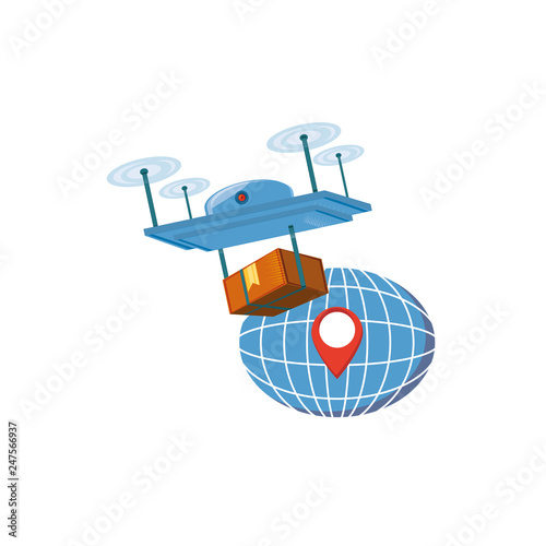 drone technology with box carton and sphere planet