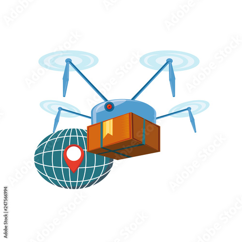 drone technology with box carton and sphere planet