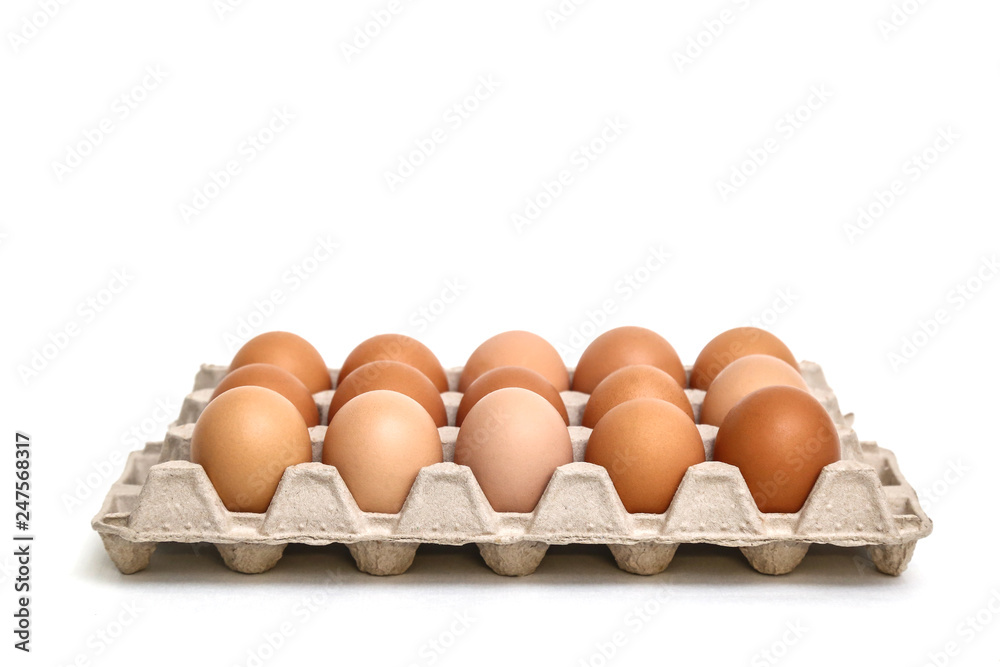 Fresh chicken eggs in paper tray isolated on white background Fresh chicken eggs in paper tray isolated on white background