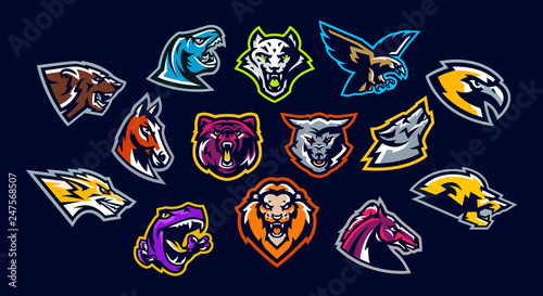 Set of animal logos. Bear, dinosaur, eagle, leopard, wolf, horse, fox, lion, grizzly, raptor, hawk, jaguar, cat, lynx, leo, stallion, birds. Sports mascots, colorful collection, vector illustration