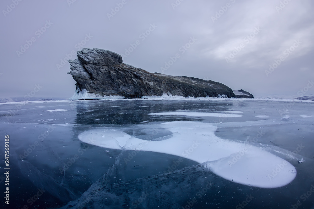 Air bubbles frozen in the ice near Oikoy Island of Lake Baikal