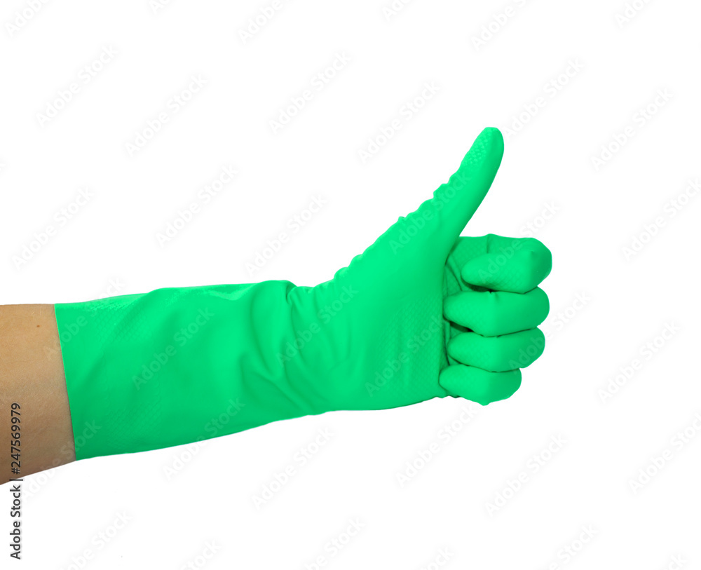 Close up view of human hand with rubber glove showing ok or approve sign with thumb up, isolated on white background. Close up view of human hand with rubber glove showing ok or approve sign with thumb up, isolated on white background.