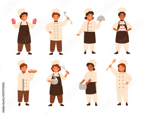 Collection of cute smiling children cooks or kids chefs. Bundle of young kitchen workers cooking and serving meals, boys and girls wearing uniform and toques. Flat cartoon vector illustration.