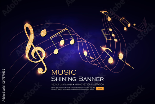 Music Notes and Treble Clef on Swirling tave. Elegant Gold Design Elemant.