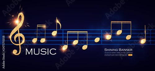 Music Notes and Treble Clef on Stave. Elegant Gold Design Elemant.