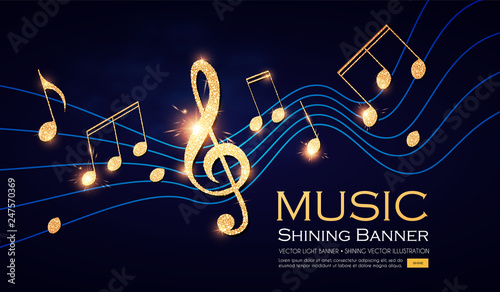 Music Notes and Treble Clef on Swirling tave. Elegant Gold Design Elemant.