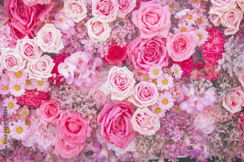 Fototapeta Naklejka Na Ścianę i Meble -  Colorful multicolored ornamental of beautiful pink roses , daisy and gypsophila blooming patterns group texture on wall for background
