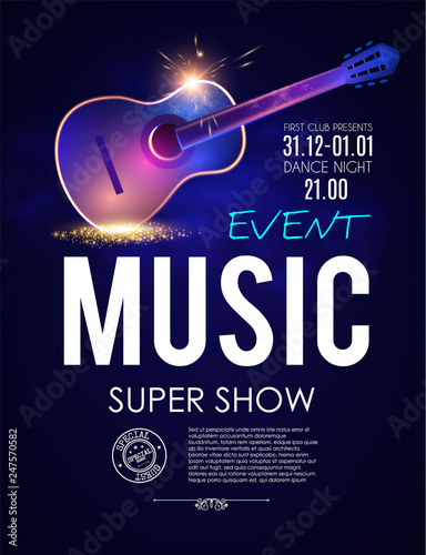 Music Concert Toster Template with Guitar and Light Effects.