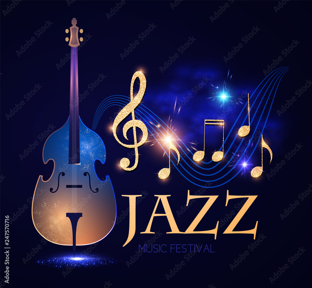 Obraz premium Jazz Concert. Music Design Element with Double Bass, Notes and Swirling Stave with Light Effects.