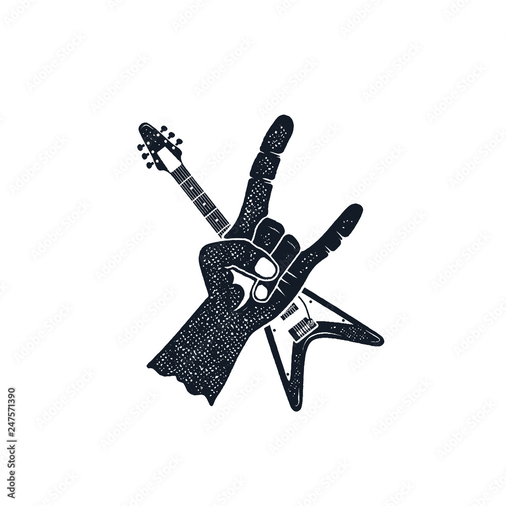 Vintage hand drawn rock n roll poster. Music t shirt print design. Musical  tee graphics with hand and electro guitar sign. Stock vector isolated on  white background Stock Vector