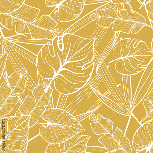 Seamless floral pattern with tropical leaves. Line drawing. Hand-drawn illustration.