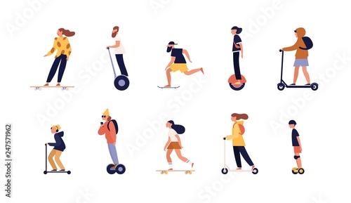 Collection of people riding skateboard, longboard and modern personal transporters - hoverboard or self-balancing board, electric unicycle, motorized kick scooter. Flat cartoon vector illustration.