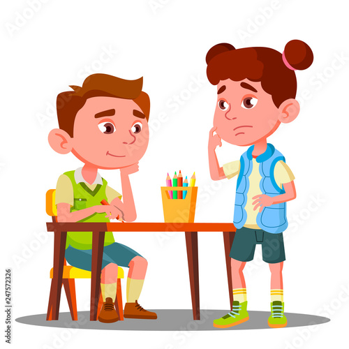 Boy Drawing With Colored Pencils And Offended Girl Stands Next To Him Vector. Isolated Illustration