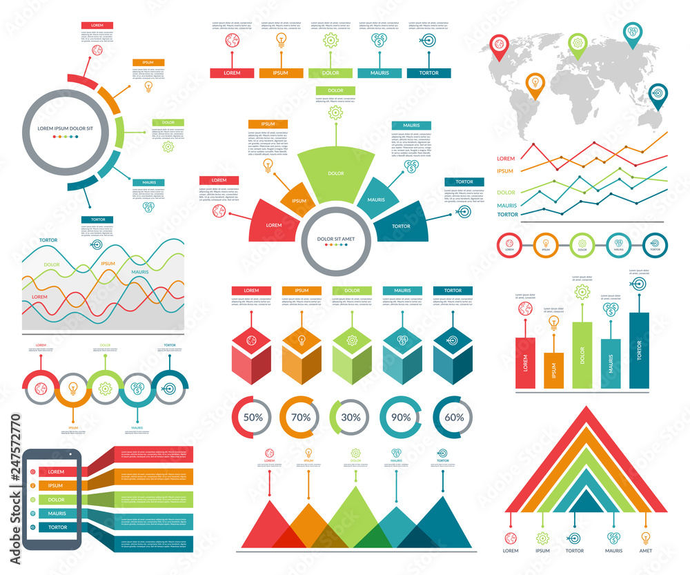 Infographic elements set with simple templates for business analytics, data visualization, presentation. Vector kit with diagrams, histograms, timeline, pie charts.