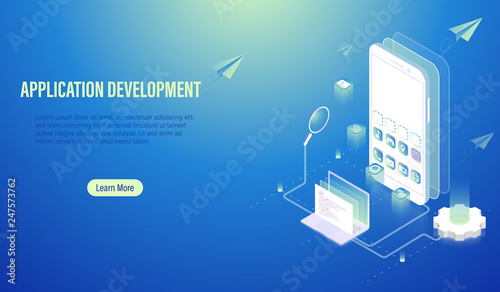 Mobile Application Development and program coding concept, software building by computer laptop and smartphone, UI UX and web design layout on screen Vector.